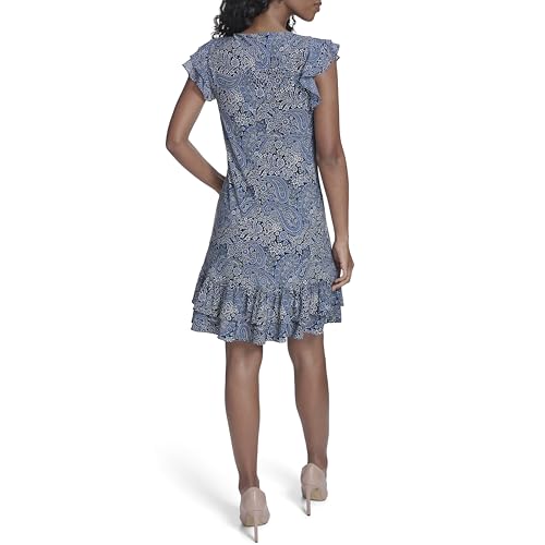 Image of Tommy Hilfiger Women's Sleeveless Crew Neck Double Ruffle Hem Jersey Shift Mini Dress