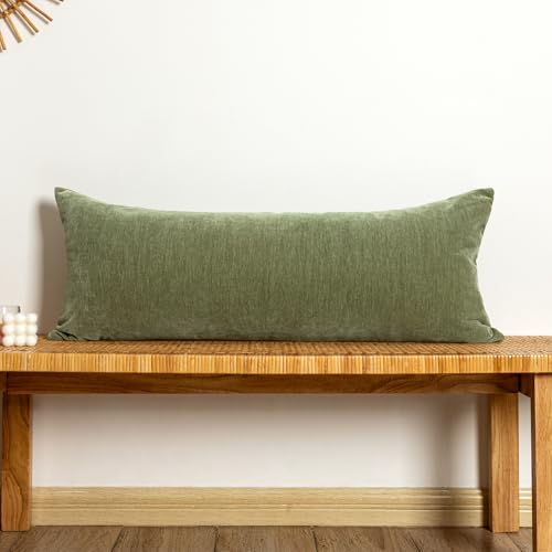 JoraLion Chenille Lumbar Pillow Covers 14x36 inch Olive Sage Green Decorative Pillow Covers Farmhouse Solid Dyed Soft Chenille Cushion Case for Couch Sofa Bed Living Room 1 Cover ONLY