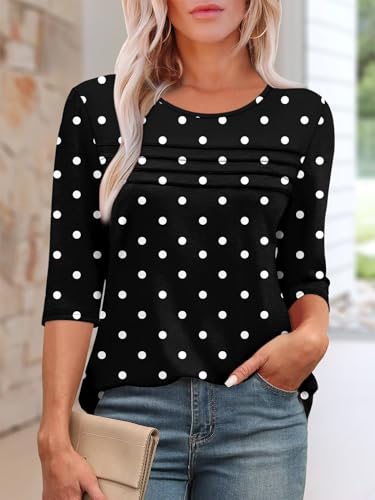 KISSMODA Women's Casual 3/4 Sleeve T-Shirts Round Neck Cute Tunic Tops Basic/Pleated Summer Tops Trendy Spring Blouses