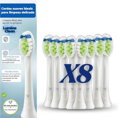 Kit 8 Refis Escova Elétrica LumineClean - Cerdas Suaves, Proteção Gengival, Micro-Pulsante - Compatível com Philips Sonicare e Colgate SonicPro (Branco, Único)