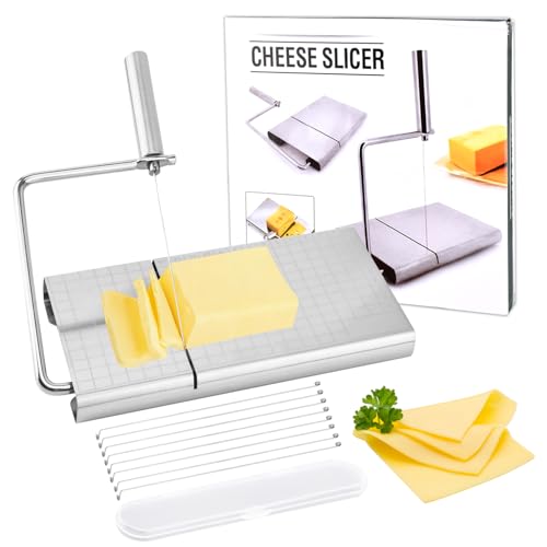 NINEFOX Cheese Slicers with 8 Replaceable Wires, Board and Measuring Grids, Adjustable Slicer Kit for Cheese, Butter