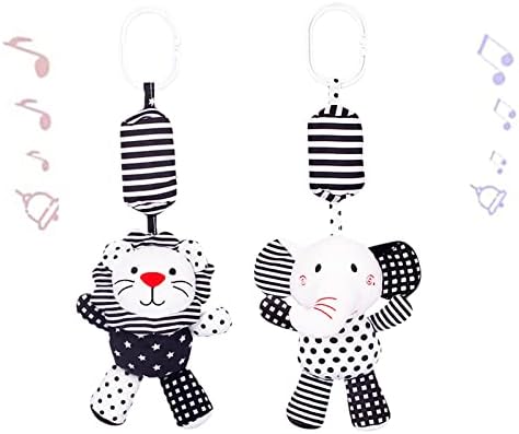 SHXERO 2Pcs Hanging Rattle Toys for Babies, Hanging Baby Toy, Car Seats Stroller Toys with Wind Chime for Newborn 0-36 Months, Clip Hanging Plush Squeeze Toys, Best Birthday Gift for Newborn