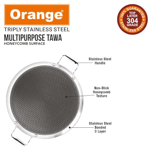 Image of Orange Triply Stainless Steel Round Multipurpose Tawa, 290 mm | Honeycomb Surface | 3.5 mm Heavy Thickness | Induction & Gas Compatible | Metal Spoon Friendly | Soft-Touch Handles | 5-Year Warranty