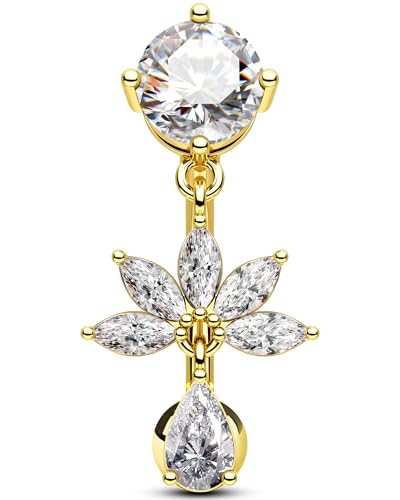 OUFER Piercing Nombril 14G Inversé Or Lotus Nombril Anneau Acier Chirurgical 316L Transparent Zircones Cubiques Pendant Percing au Nombril pour Femmes 10mm