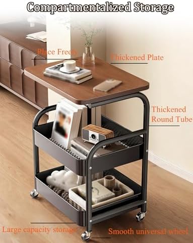 Rolling Utility Cart on Wheels, Lockable Trolley for Kitchen, Bedroom & Living Room Side Table, Multi-Functional Storage, Black, 17.3"x11.8"x30.3"
