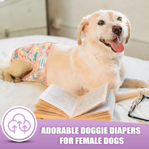 Image of Langsprit Female Dog Diapers for Doggie Puppy,Reusable Dog Period Diapers Female for Heat Peeing,Small Medium Large Doggy Diaper Washable,Dogs Pants 5 Pack, Vibrant Flowers, X-Large