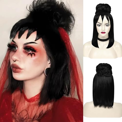 Image of QUEENTAS Long Wig for Women Black Gothic Bride Fluffy Buns Cosplay Wig with Bangs Natural Synthetic Hair Wigs