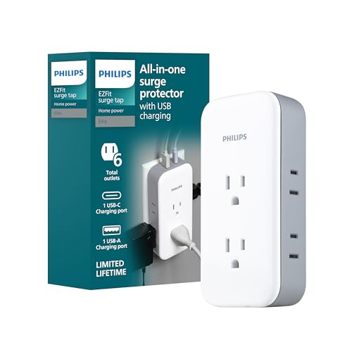 Philips All-in-One Surge Tap with USB 2 Grounded & 4 Polarized Outlets 1 USB-C & 1 USB-A Port (15W Shared) 490 Joules ETL Certified White/Gray SPP3503GW/37