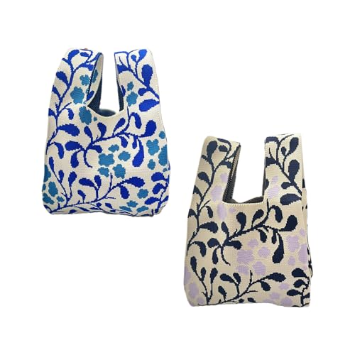 Sac à main en tricot au crochet lot de 2 cabas souples à motif floral noir et bleu