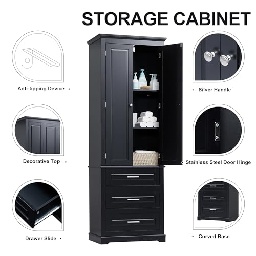 Image of Merax 70 inch Pantry Cabinet with Two Doors & Three Drawer, Adjustable Shelves Storage Cupboard for Kitchen /Dining Room /Bathroom, Black
