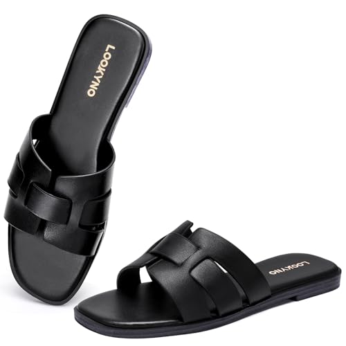 Image of Flat Sandals for Women Comfortable Slip On Dressy Summer Leather Slides with Square Open Toe