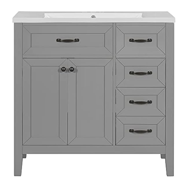 Maximize Bathroom Storage with 36 Vanity and Sink Combo, Grey Solid Wood Cabinet with Drawers and Smooth Ceramic Sink