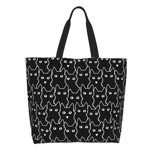 Qdoepfl Bolsa feminina grande, casual, com alça de ombro, reutilizável, para viagem, compras, academia, Gato preto, One Size