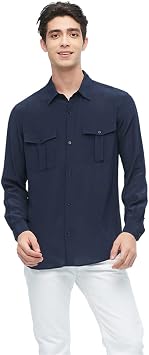 Silk Shirt Basic Mens Shirt with Patch Pockets 16 Momme Business Formal Top