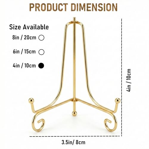 Image of CURATED CART Gold Metal Display Stand for Plates & Frames, Foldable Tabletop Easel with Curved Design, Decorative Plate Stand for Decor, Photo Frame Stand for Table, Menu & Art Display (4in / 10cm)