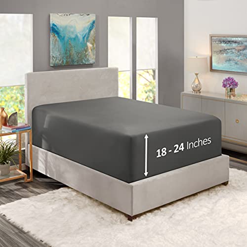 Image of Hearth & Harbor Extra Deep Pocket Full Fitted Sheet - Fits 18 to 24 Inch Mattress - Ultra Soft 1800 Microfiber, Wrinkle-Free & Breathable - Hotel Luxury Fitted Sheet Only, Dark Grey
