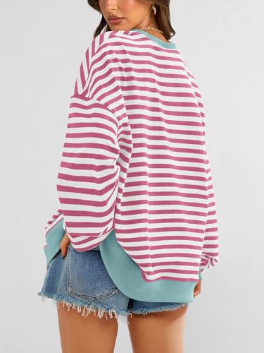 Image of PRETTYGARDEN Womens Striped Oversized Sweatshirt Color Block Crew Neck Long Sleeve Casual Loose Pullover Top Y2K Clothes