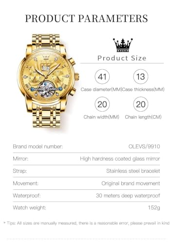 Image of OLEVS Men Automatic Watch Mechanical Self Winding Watches for Men Skeleton Business Dress Luminous Waterproof Diamond Week Month