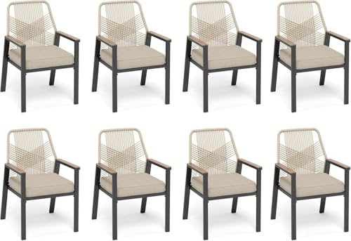 SUNSHINE VALLEY Patio Dining Chairs Set of 8, All-Weather Woven Rattan Outdoor Chairs with Waterproof Cushion and Wrought Iron Frame, Heavy-Duty Outside Seating for Kitchen Garden Deck Backyard