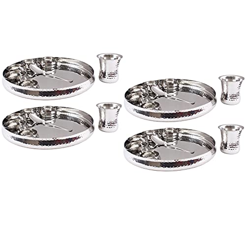 Indian Art Villa Stainless Steel Curved Dinner Set/Thali Set of 1 Plate, 4 Bowl, 1 Small Bowl, 1 Glass & 1 Spoon (8 Pieces), Dinnerware, Tableware Or Crockery, Pack of 4 Sets