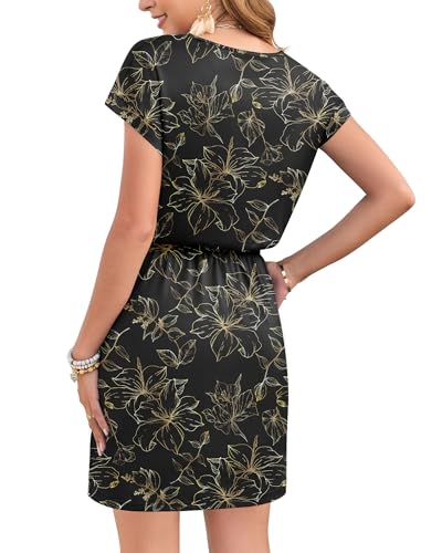 Image of AUSELILY Womens Summer Mini Dress, Short Sleeve V Neck Drawstring Casual | Soft smooth drape with an adjustable drawstring waist for beach, casual outings and daily wear