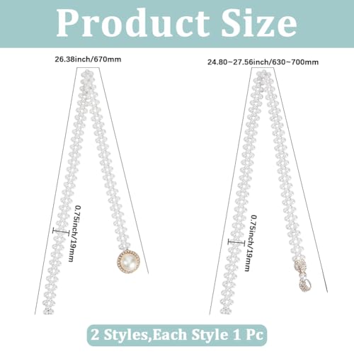 2Pcs Pearl Elastic Waist Belt White Adjustable Stretch Bow Bead Crystal Rhinestone Bridal Bridesmaid Sash Fashion Waistband Chains Belts for Women Wedding Party Prom Dress Accessories Gift2