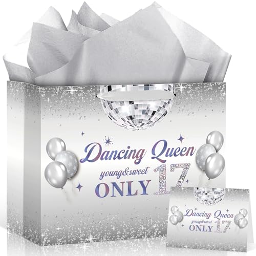 17th Birthday Dancing Queen Party Decorations Silver 17th Birthday Gift Bag with Wrapping Paper and Card Large 17 Year Old Wrapping Paper Goodie Gift Bag Young Sweet Seventeen Years Old Party Supplies