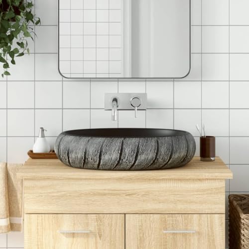 Vasque à Poser with Céramique, Design Ovale, Durabilité et Élégance, Vasque à Poser Salle de Bain, Lavabo Salle de Bain, Meuble Vasque Salle de Bain, Noir et Gris, 59 x 40 x 15 cm