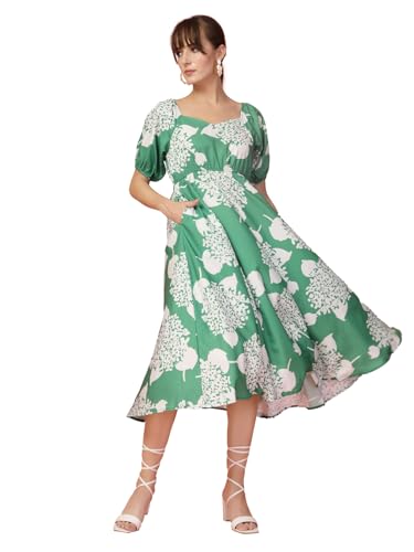 Image of OOMPH! Below Knee Shift Pink Dress in Crepe Fabric with Round Neck and Puff Sleeves - md619l