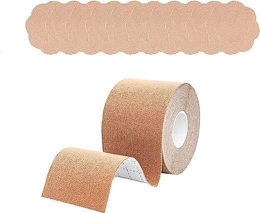 New Double Sided Tape with 10 Nipple Pasties Petal Backless Nipple Cover Set Body Push Up Breast Lift Bra Tape for Women (Beige)-image-21