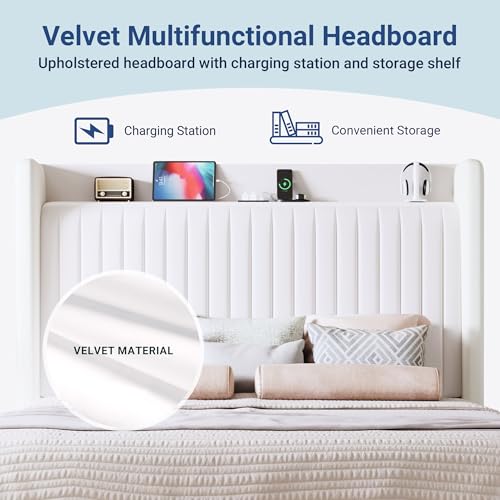Image of Allewie King Size Platform Bed Frame with USB Charging Station and Storage Shelf /Upholstered Velvet Wingback Headboard /Wooden Slats Support /No Box Spring Needed /Easy Assembly, White