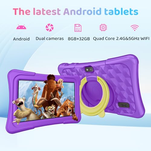 Image of Kids Tablet, 7 Inch Android 15 Tablet for Kids, 8GB+32GB 1TB Expanding, Quad Core Toddler Tablets with Shockproof Case, BT5.0, WiFi 5, Parental Controls, Games, Dual Camera (Purple)