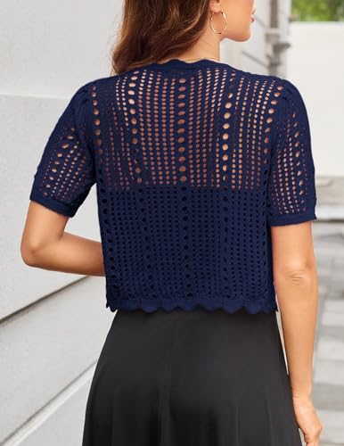 Image of Kate Kasin Women Crochet Shrug Knit Sweater, Short Sleeve Cropped Cardigan | Tie Front Tops Light Weight, Knit Cover Up Arm Bolero For Evening Dresses Dressy Casual, Ladies Eyelet Shawl Thin Formal