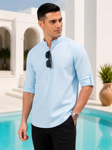 Image of Majestic Man Men's Pure Cotton Solid Mandarin Collar Slim Fit Roll-Up Sleeves Short Kurta Lightweight Summer Kurta for Daily & Occasion Use