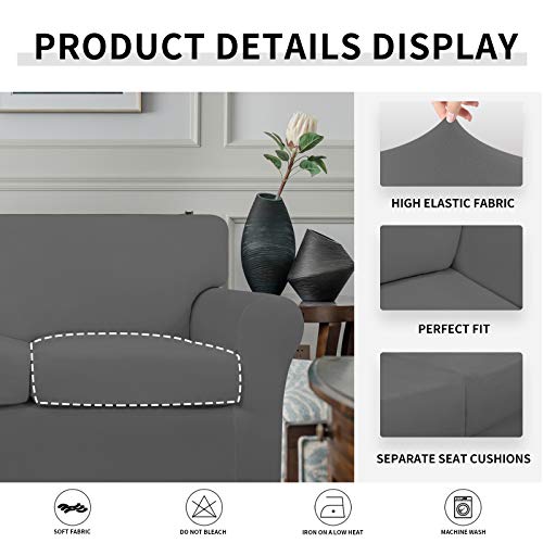 Image of Easy-Going 4 Pieces Stretch Soft Couch Cover for Dogs - Washable Sofa Slipcover for 3 Separate Cushion Couch - Elastic Furniture Protector for Pets, Kids (Sofa, Grey, Large) | Sofa Slipcover for Stretch 3 Separate Sectional Cushion Couch - Furniture Protector for Pets, Kids Grey