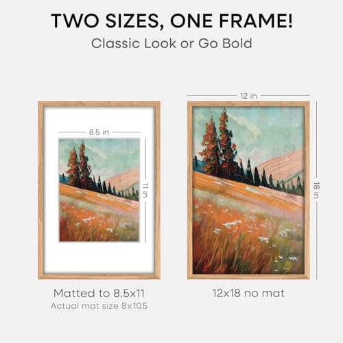 Image of Homeforia 12x18 Natural Oak Picture Frame, High-End Wood, 8.5x11 Mat, Glass | High End Solid Oak Wood, Tempered Glass, Acid-Free 8.5x11 Removable Mat, 12x18 Edge-to-Edge Display 18x12, Wall Kit, Set Of 1