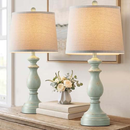 Image of PARTPHONER Traditional Table Lamp Set of 2, Rustic Farmhouse Table Lamps for Living Room Bedroom, 27 inch Bedside Desk Lamps Vintage Nightstand Lamps with Linen Shades, Light Green