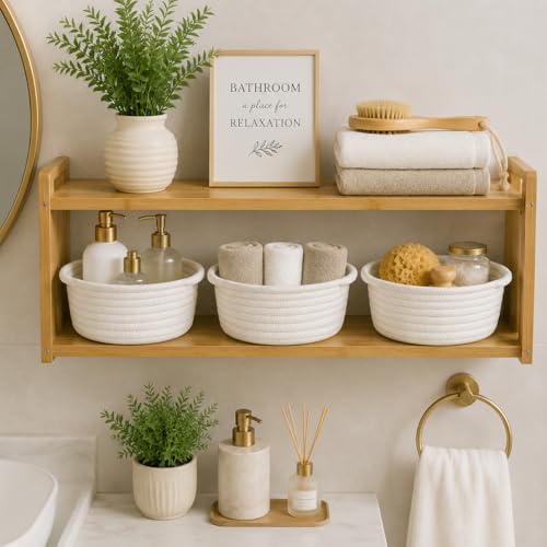Image of Small Woven Basket with Handle, Small Cute White Storage Baskets for Organizing, Tiny Decorative Round Cotton Rope Woven Closet Storage Bin, Baby Boho Empty Gift Basket for Nursery
