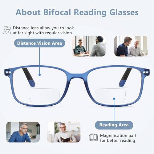 EASY READ 2 Pairs TR90 Bifocal Reading Glasses for Men,Rectangular Sport Blue Light Blocking Readers with Spring Hinge