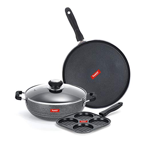 Image of Sumeet NonStick Kelabu Cookware Set (Dosa Tawa - 26.5Cm Dia + Kadhai with Glass Lid -2Ltr - 22Cm Dia + Mini Multi Snack Maker - 4 Cavity -19.5cm)