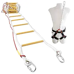 ISOP Emergency Fire Escape Rope Ladder for 3-4 Story Homes 32 ft Safety Ladders with Carabiners & Safety Harness - Patented (32ft with Harness)