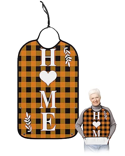 Halloween Thanksgiving Love Heart Home Adult Bibs for Eating, Waterproof Bibs with Food Catcher & Adjustable Snap Closure, Orange Black Plaid Clothing Protectors Adult Bibs for Elderly Women/Men