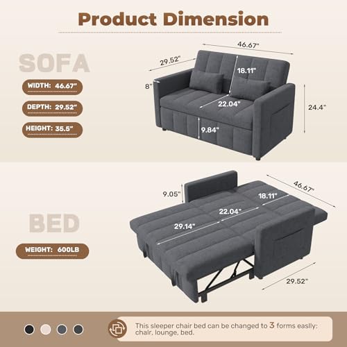 Image of Nebuaegis Sleeper Sofa Bed,3-in-1 Convertible Pull Out Couch with Adjustable Backrest for Living Room,Loveseat Sofa Bed with Side Pockets,Easy Assembly,Light Gray,1 PCS