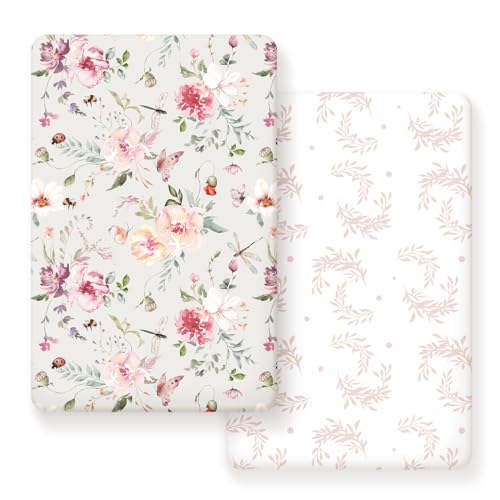 Image of Fitted Pack n Play Sheets Set 2 Pack, Stretchy Ultra Soft Jersey Knit Portable/Mini Crib Sheets for Girls, Universal Fit for Pack N Plays Safe and Snug, Beautiful Flowers and Insects Pattern for Baby