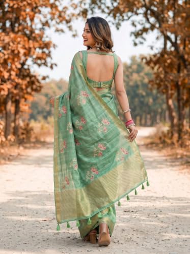 Image of MIMOSA Women's Pista Art Silk Banarasi Saree (Unstitched Blouse) | embrodiary | 6.2 Mtrs