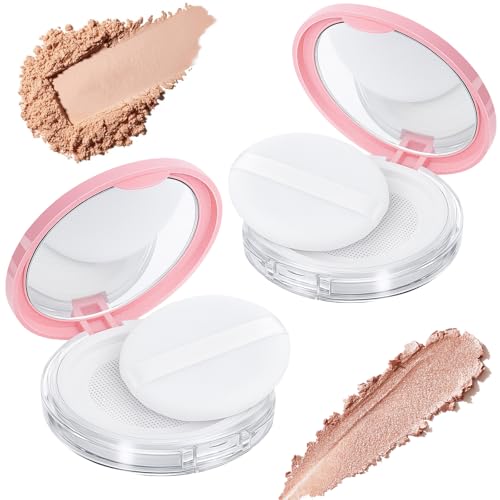 2-Pack Refillable Loose Powder Container with Puff & Mirror -