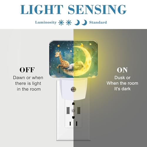 Image of Cute Giraffe and Elephant Sleeping On Moon Night Light for Kids, LED Night Light Plug into Wall with Dusk to Dawn Sensor for Girls Boys Women Men Room, Hallway, Kitchen, Bathroom, Stairs Decor