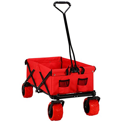 Ollieroo Outdoor Utility Wagon Folding Collapsible Garden Beach Snow Shopping Cart with 7''x4'' Thick Rubber Wheels 150 Pound Capacity Red