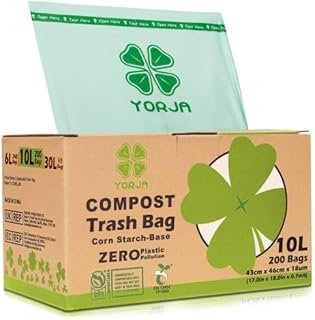 YORJA 10L Compost Caddy Liners 200 Bags, 100% Biodegradable Kitchen Bin Bags for Food Waste with Europe EN13432 & US BPI Certified