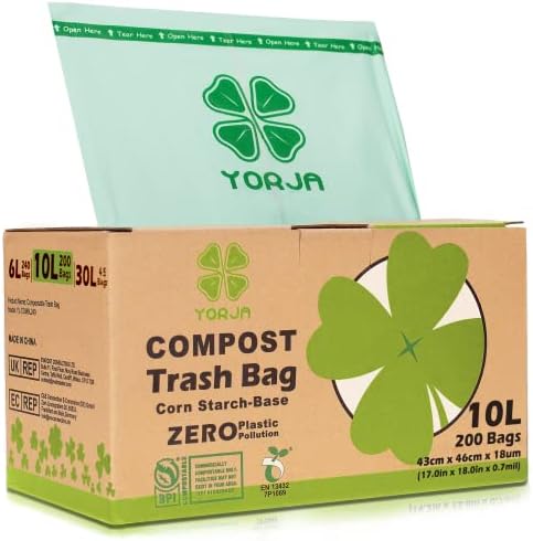 YORJA 2.6 Gallon Compost Trash Bags 200 Food Scrap Bags, Biodegradable Kitchen Waste Bags with US BPI & Europe EN13432 Certified